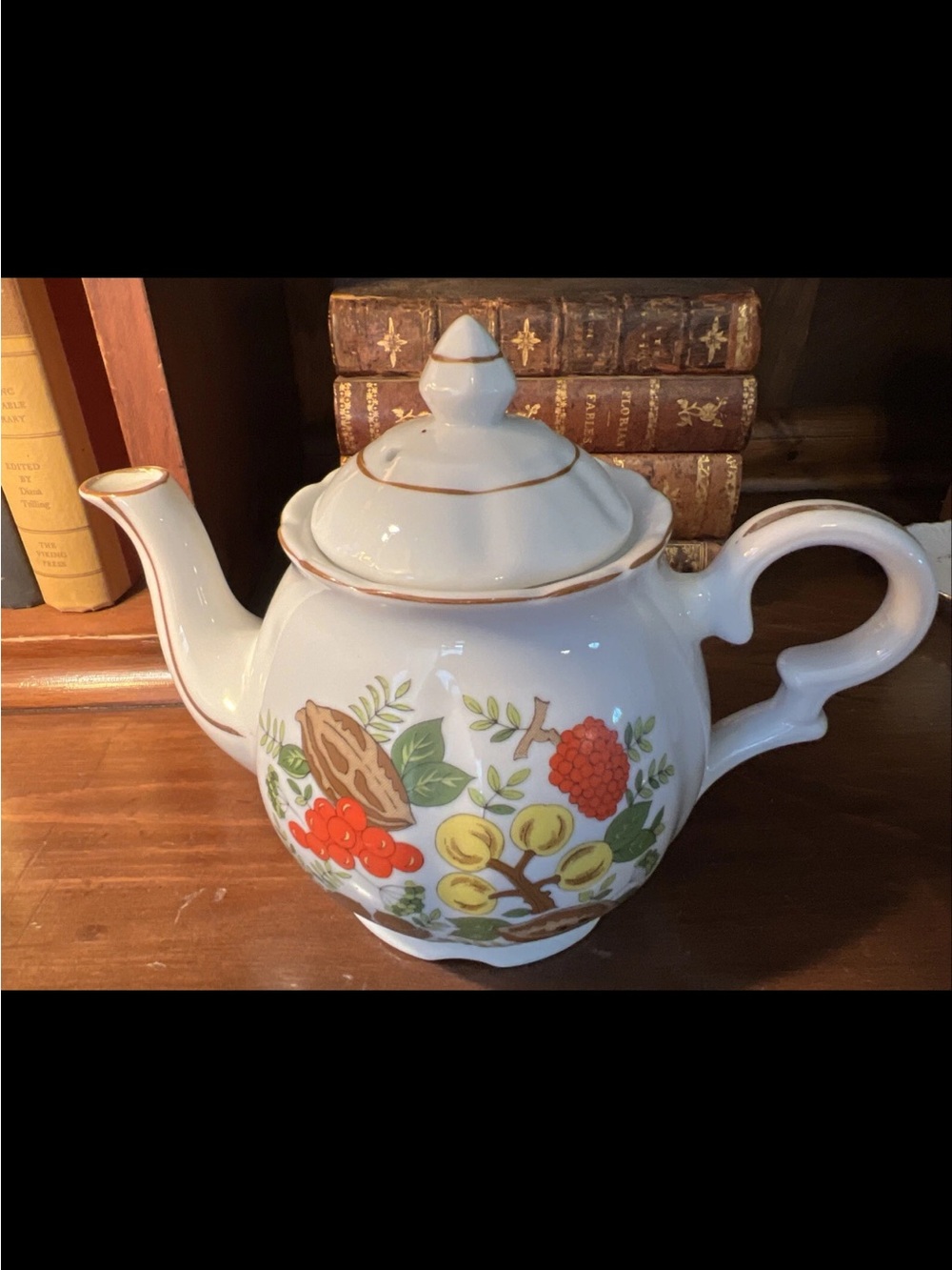 White Ceramic Teapot with Fruit Motif and Gold Trim